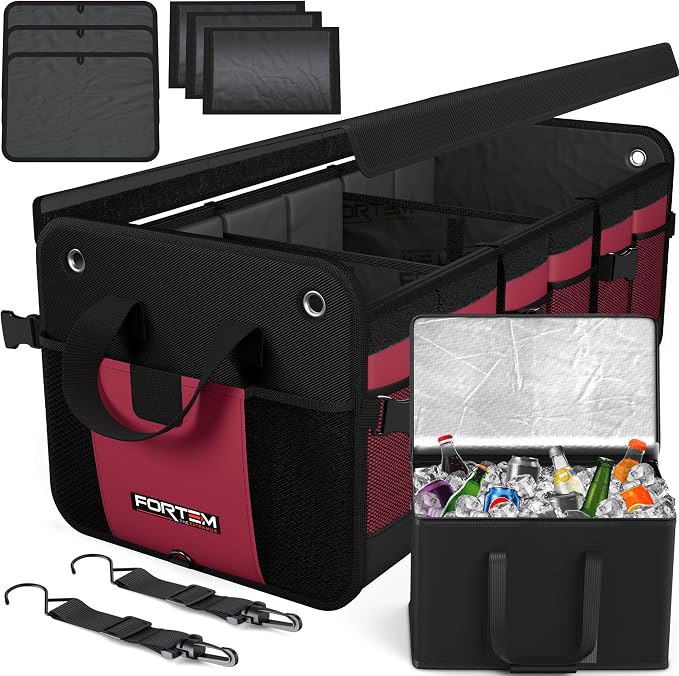 FORTEM Trunk Organizer with Cooler For SUV Car Organizer and Storage, Collapsible Multi-Compartment, Perfect Christmas Gifts For Men, Women, 1680D Oxford, Non Slip Bottom, Straps, Soft Cover 110L