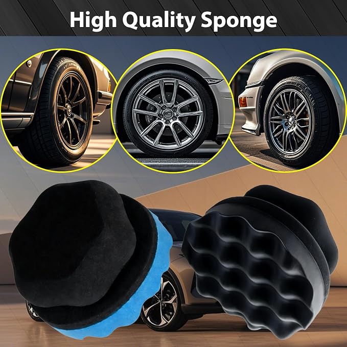 4 Pcs Large Tire Shine Applicator, Reusable Tire Dressing Applicator Wave Contoured, Tire Sponge Pads for Car Detailing Cleaning, 4.33 inch (2 Blue &2 Black)