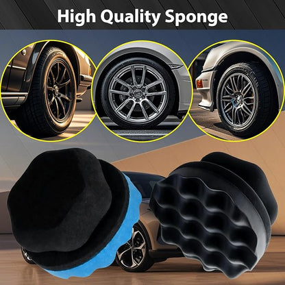 4 Pcs Large Tire Shine Applicator, Reusable Tire Dressing Applicator Wave Contoured, Tire Sponge Pads for Car Detailing Cleaning, 4.33 inch (2 Blue &2 Black)