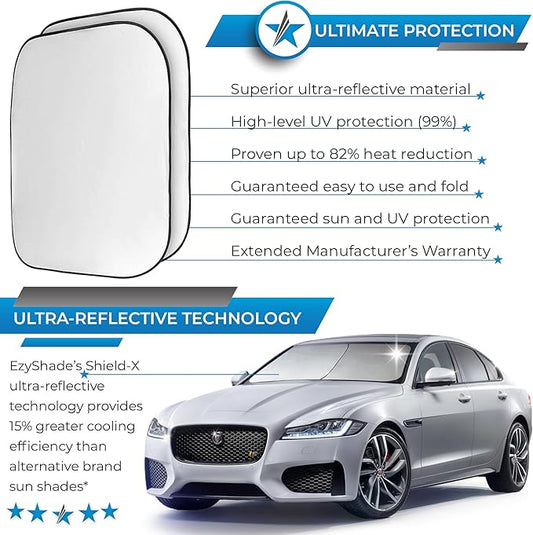 EzyShade Windshield Sun Shade with Shield-X Reflective Technology. See Vehicle Size-Chart. Foldable Car Sunshade for Front Windshield Window Car SUV Van Truck. Sun Visor Heat Shield. Max (L) Size