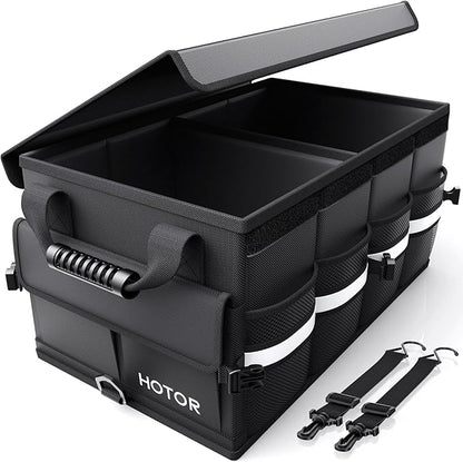 HOTOR Car Trunk Organizer - Foldable Trunk Organizer for SUV, Car Storage with Reflective Strips & Securing Cover, Large Capacity Car Accessories for Truck, Van & Sedan, Black, 24.4" x 13.8" x 11.0"