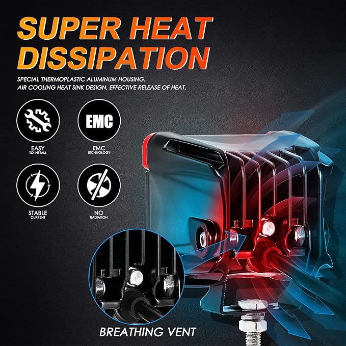 Auxbeam FA Series Flood Beam 3 Inch 40W Cube LED Pods, Red Shell Ditch Light Bar 4800LM, Off-Road Driving Hood Lights for 4WD Jeep Wrangler Ford F-150 Bronco, Pair
