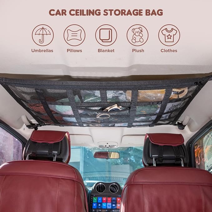 Upgrade Car Ceiling Cargo Net Pocket,31.5"x21.6" Double-Layer Roof Storage Organizer,Overhead Net for SUV & Van Camping,Travel Road Trips,Van Life Essentials,Fit 4 Handle Vehicles