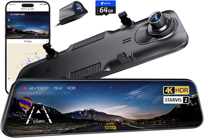 Pelsee S12 Pro Mirror Dash Cam with STARVIS 2 Sensor, Rear View Mirror Camera 5.8GHz WiFi, 4K Front and 1080P Rear Backup Camera for Car, ADAS, Voice Control, Color Night Vision, 64G Meomory Card