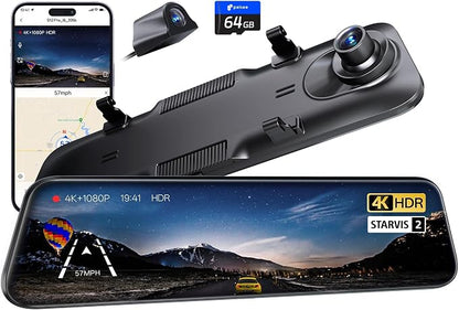 Pelsee S12 Pro Mirror Dash Cam with STARVIS 2 Sensor, Rear View Mirror Camera 5.8GHz WiFi, 4K Front and 1080P Rear Backup Camera for Car, ADAS, Voice Control, Color Night Vision, 64G Meomory Card