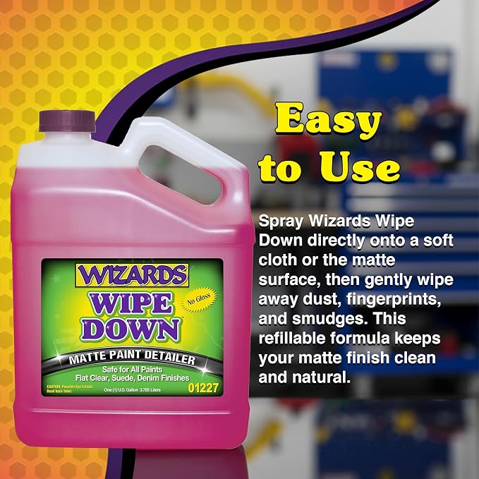 Wizards - Wipe Down Quick Detailer Spray, Matte Finish Car Polish, Automotive Clear Coat for Flat Clear, Suede, Denim Finishes, Car Care Kit Essential for General Finishes, 1 Gallon