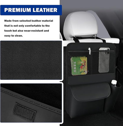 Leather Car Trunk Organizer,Large Capacity Backseat Car Organizer with 2 Mesh Pockets & Cup Holder,Detachable Hanging Cars Organizers and Storage for Family Road Trips