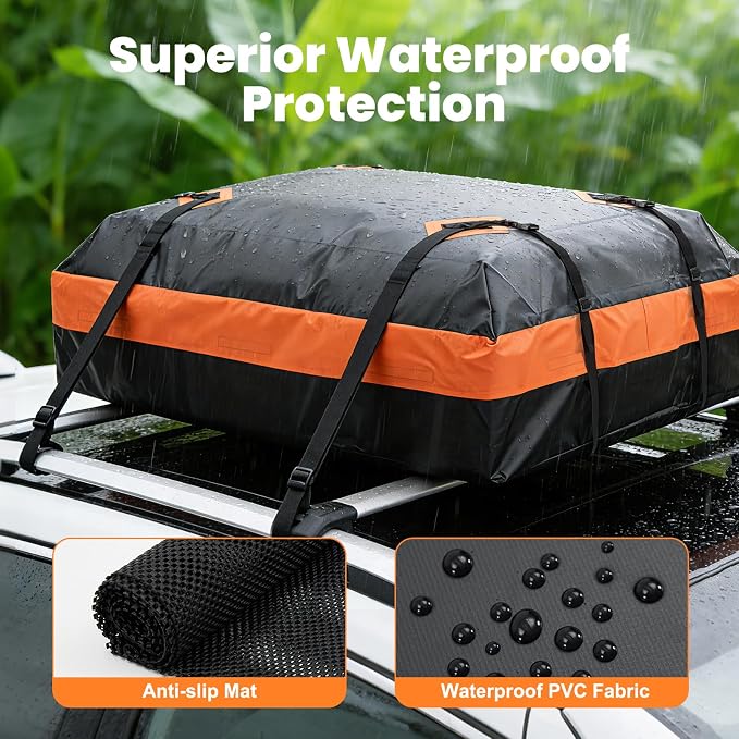 DUMOS Car Rooftop Cargo Carrier 15 Cubic Feet, Car Roof Waterproof PVC Bag, with Anti-Slip Mat, Combination Luggage Lock, Reinforced Straps & Door Hooks, Fit Vehicles with/Without Roof Racks