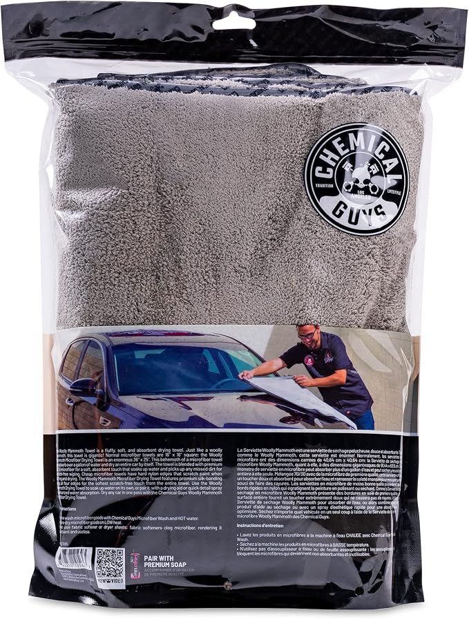 Chemical Guys Woolly Mammoth Large Microfiber Drying Towel - 36 x 25 Inch Gray, Ultra Plush Super Absorbent Car Drying Towel for Cars, Trucks, SUVs, Motorcycles, RVs, and Auto Detailing