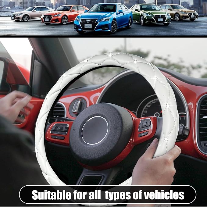 SuperKaKa Steering Wheel Cover, Auto Cute PU Diamond Bling Breathable Soft Comfort Leather Car Interior Accessories Sparkly Fit Most O-Shaped Steering Wheels for Women Men (White)