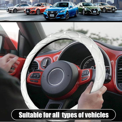 SuperKaKa Steering Wheel Cover, Auto Cute PU Diamond Bling Breathable Soft Comfort Leather Car Interior Accessories Sparkly Fit Most O-Shaped Steering Wheels for Women Men (White)