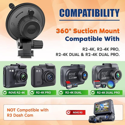 ROVE Suction Cup Mount for R2-4K, R2-4K PRO and R2-4K Dual Dash Camera Models