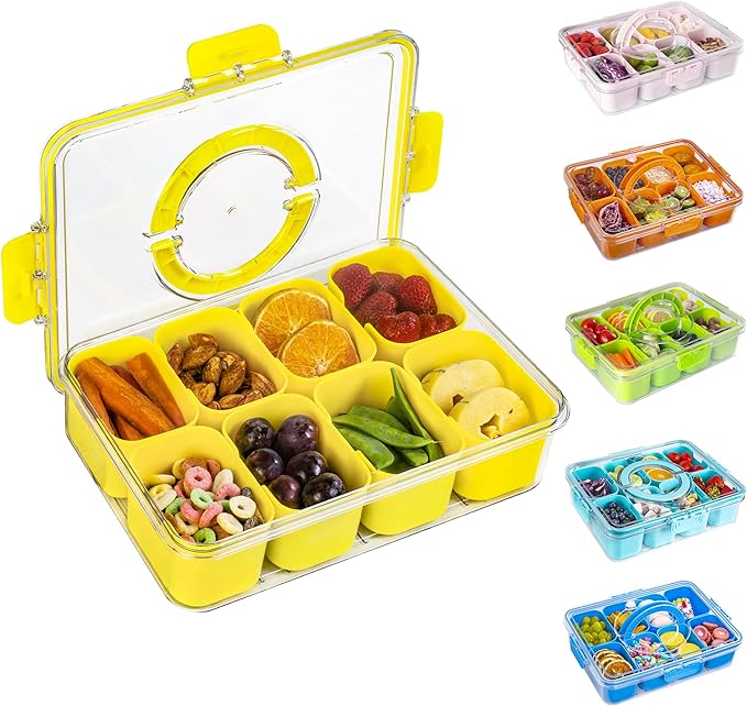 WACOI Divided Snack Serving Tray with Lid and Handle Travel Snackle Charcuterie Container Portable Storage Organizer for Candy, Fruits, Nuts, Snacks, Party, Picnic (1pack, Yellow)
