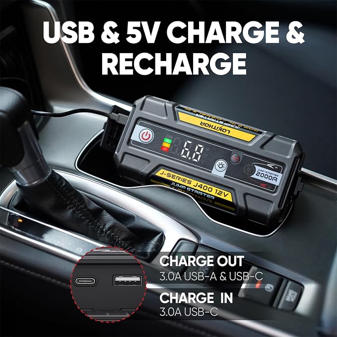 LOKITHOR J400 2000A Jump Starter with ConnectMax Tech,12V Battery Portable Jumper Cable, Lithium Jump Box and Jump Pack for Up to 8.0L Gas and 6.0L Diesel Engines, Power Bank & Smart Digital Screen