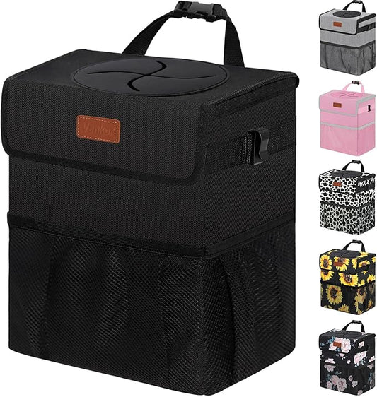 Vankor 3 Gallons Car Trash Can with Lid, Bag Bin Hanging Waterproof Automotive Car Garbage Cans Leak Proof Vehicle Trash Can Black