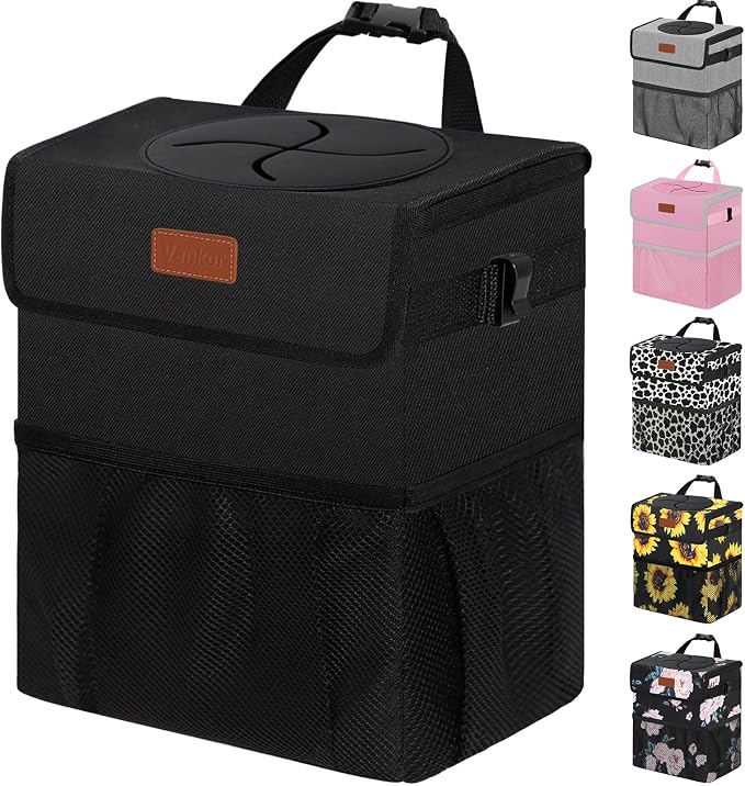 Vankor 4.2 Gallons Car Trash Can with Lid, Bag Bin Hanging Waterproof Automotive Car Garbage Cans Leak Proof Vehicle Trash Can for Truck SUV,Black