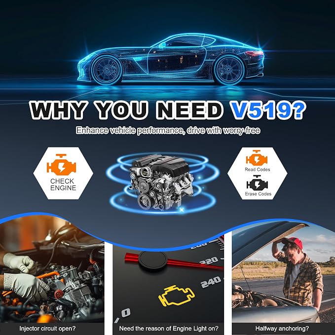 OBD2 Scanner Tool, Upgraded V519 Vehicle Code Reader for Check Engine Light Clear Fault Codes, Live Data Professional OBDII Scan Tool for 1996 OBD2 Protocol Vehicle, Blue