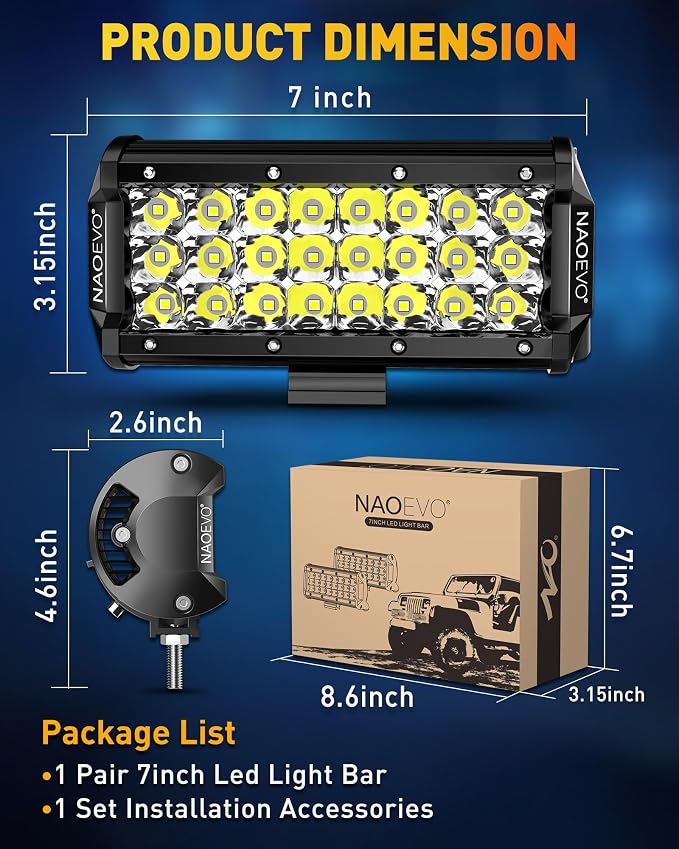 7 Inch LED Light Bar, LED Offroad Fog/Driving Lights, 50W 6000LM Tri-Row Work for Truck Boat Car UTV ATV, 2-Pack (White)