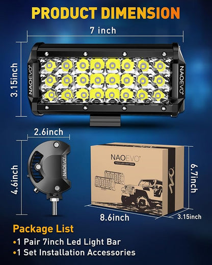 7 Inch LED Light Bar, LED Offroad Fog/Driving Lights, 50W 6000LM Tri-Row Work for Truck Boat Car UTV ATV, 2-Pack (White)