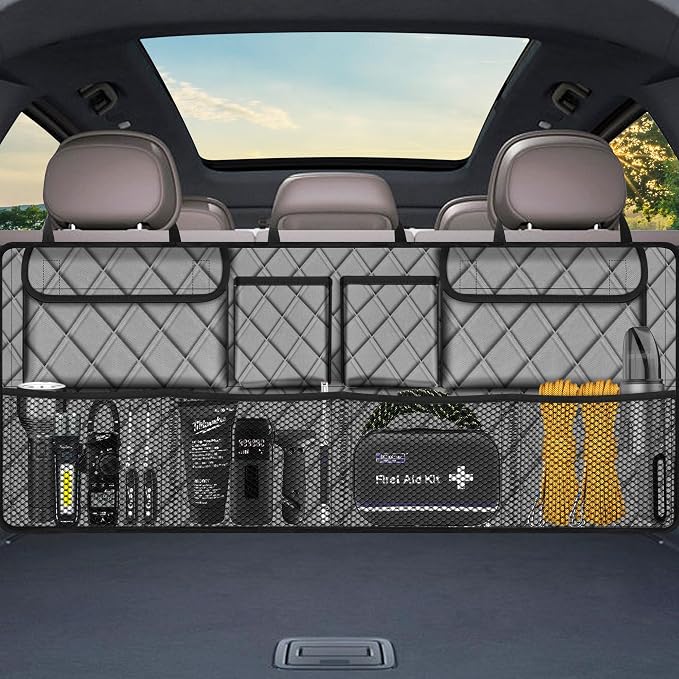 Femuar Car Trunk Organizer, Large Capacity Backseat Trunk Organizer (42"*18"), Collapsible Car Storage Bag with 8 Pockets, SUV/MPV/Truck - Grey