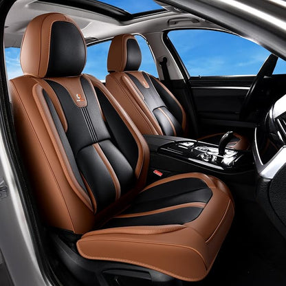 Huidasource Seat Covers Luxury Nappa Leather, Car Seat Covers Full Set with Velcro Adjustable, Airbag, Lumbar Support, Cooling＆Heating, Brown Car Seat Cover Fit for Most Cars SUV Trucks, Brown＆Black