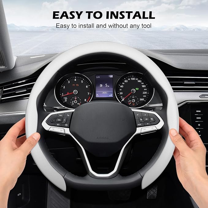 Frani Nappa Leather Steering Wheel Cover,Universal Fit 15 Inch-Premium Non-Slip Breathable Comfort Grip for Cars Trucks SUVs,Anti-Slip Durable Interior Upgrade White