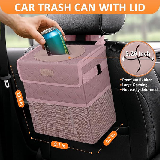 Vankor Car Trash Can Cute Trash Bag Bin Hanging Waterproof Automotive Garbage Cans Leak Proof Vehicle Trash Can Diamond Pattern-Pink