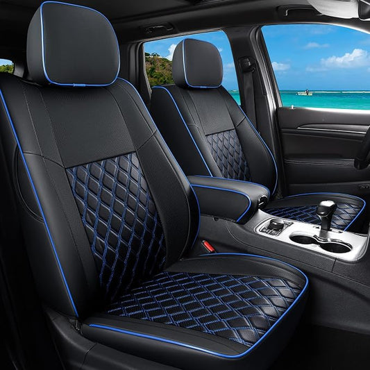 Huidasource Upgrade Grand Cherokee Seat Covers, Full Coverage Waterproof Leather Car Seat Covers, Custom Seat Cushion Protector Fit for Grand Cherokee 2011-2021 (Full Set/Black&Blue)