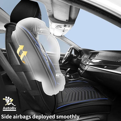 HChengkikz Car Seat Covers, Breathable and Waterproof Faux Leather Automotive Seat Covers, Universal Anti-Slip Driver Seat Cover for Cars SUV Pick-up Truck Sedan (5 PCS Full Set, Black + Blue)