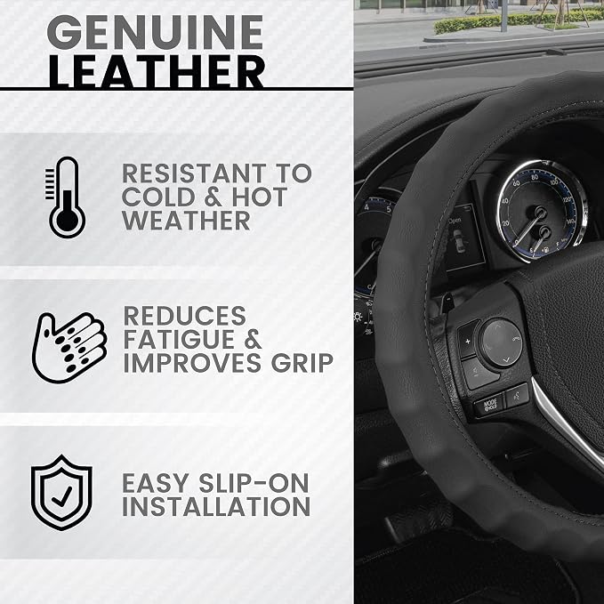 BDK Genuine Black Leather Steering Wheel Cover for Car, Small (13.5" - 14.5") – Ergonomic Comfort Grip for Men & Women, Car Steering Wheel Cover for Vehicles with Small Steering Wheels