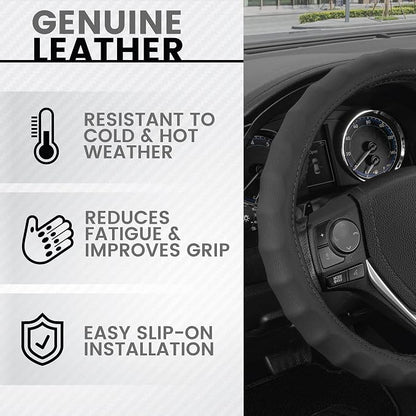 BDK Genuine Black Leather Steering Wheel Cover for Car, Small (13.5" - 14.5") – Ergonomic Comfort Grip for Men & Women, Car Steering Wheel Cover for Vehicles with Small Steering Wheels