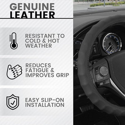 BDK Genuine Black Leather Steering Wheel Cover for Car, Large 15.5-16 inch – Ergonomic Comfort Grip for Men & Women, Car Steering Wheel Cover for Vehicles with Large Steering Wheels