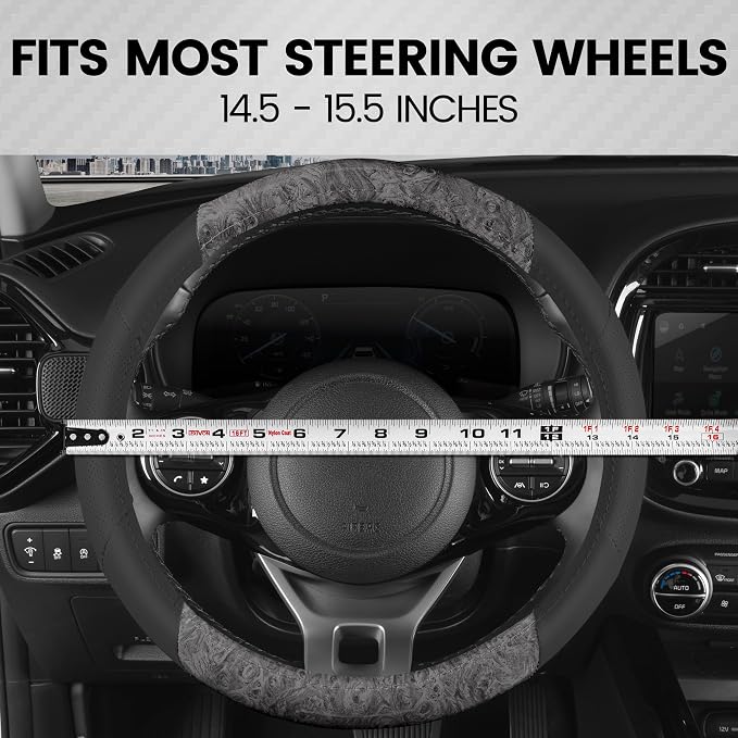 BDK BurlwoodLux Wood Grain and PU Leather Gray Steering Wheel Cover - Sport Grip for Car Auto SUV Trucks