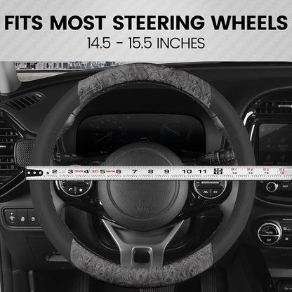 BDK BurlwoodLux Wood Grain and PU Leather Gray Steering Wheel Cover - Sport Grip for Car Auto SUV Trucks