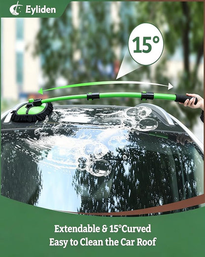 Eyliden Car Wash Brush Mop with Long Handle, 90° Swivel Head with 45° Angle Lock, 2 Scratch-Free Microfiber Heads, Car Detailing Kit for Car Truck RV, Green & Black