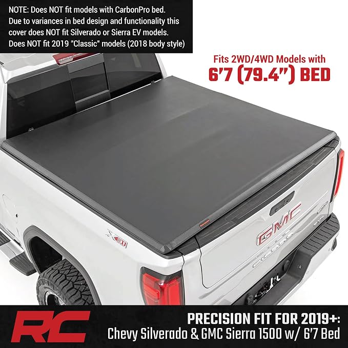 Rough Country Soft Tri-Fold Tonneau Cover for Chevy Silverado & GMC Sierra 1500 (2019-2026) – Weather-Resistant Truck Bed Cover