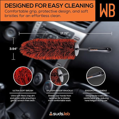 Suds Lab WB Premium Detailing Wheel Brush for All Vehicle Types – 17.7" Ultra-Soft and Scratch-Free Reusable Rim, Wheel, and Tire Brush for Deep Cleaning