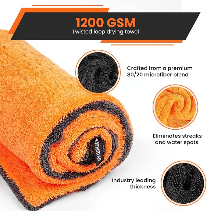 24"x36" Twisted Loop Car Drying Towel & Wash Mitt | 1200GSM Ultra Thick & Absorbent Detailing Towels | Large Microfiber Cleaning Cloth for Washing & Polishing | Micro Fiber Rags for Car Care
