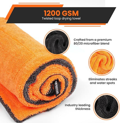 24"x36" Twisted Loop Car Drying Towel & Wash Mitt | 1200GSM Ultra Thick & Absorbent Detailing Towels | Large Microfiber Cleaning Cloth for Washing & Polishing | Micro Fiber Rags for Car Care