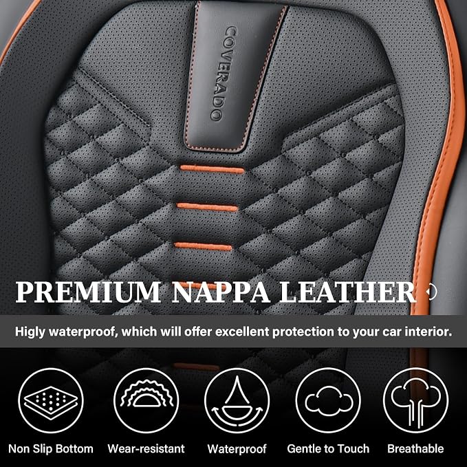 Coverado Automotive Seat Covers, Car Seat Covers Front Seats, Nappa Leather Black Orange Car Seat Cover, Waterproof Seat Cushion, 2 Pack Front Seat Covers Driver Seat Protector Fit for Most Cars SUV
