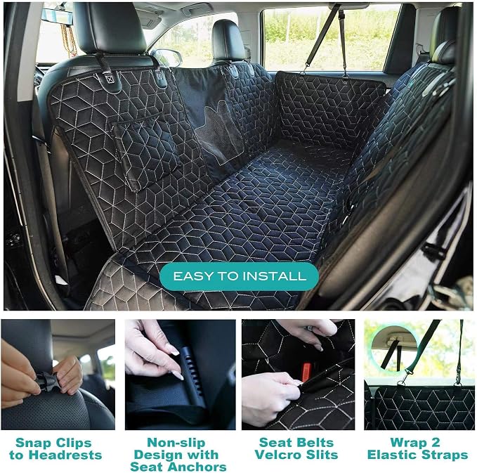 Meginc Dog Car Seat Cover for Back Seat, 60" Waterproof Dog Car Hammock with Mesh Window and Side Flaps, 600D Oxford Fabric Pet Seat Protector for Cars, SUVs & Mid-Size Trucks, Black
