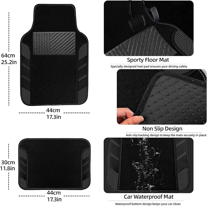 NBTEPEM 10 Pcs Car Floor Mats Full Set & Sport Leather Steering Wheel Cover 14.5-15 inch, Center Console Cover, Seat Belt Cushion, Cup Holder Coaster, Universal Automobile Interior Sets (Black)