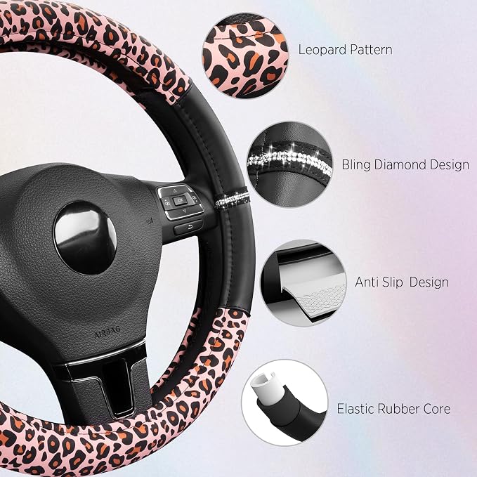 Road Comforts Leopard Steering Wheel Cover for Women, Cute Anti-Slip Microfiber Leather, Fits 14.5-15 Inch Steering Wheel 14.5-15 Inch - Black and Pink Cheetah