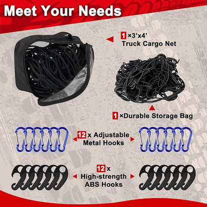 3’x4’ Truck Cargo Net Stretches to 6' x 7' with 4"x4" Mesh Grid Super Duty Bungee Heavy Duty Bed Netting for Truck Bed Stretches with 12 Adjustable Metal Carabiners by Cenipar