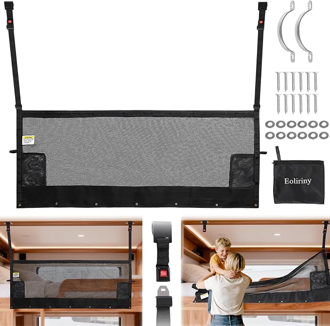 46" x 18" Campers & RV & Bunk Bed Safety Net with Quick Release Seat Belt Buckles,Adjustable Bunk Bed Netting for Family Travel, Motorhome, Trailer, Fifth Wheels RV Bedding Accessories Mesh Barrier
