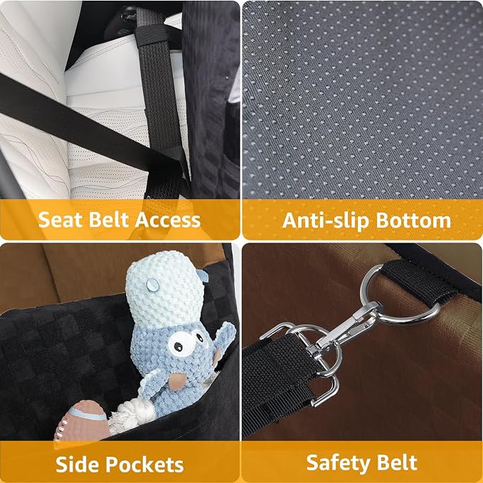PETICON Waterproof Dog Car Seat for Small Medium Dogs, 5in Memory Foam Pet Booster Seat for Dogs up to 35 lbs with Pockets, Detachable Washable Pet Carseat with Y-Shape Safety Belt (Brown, Medium)