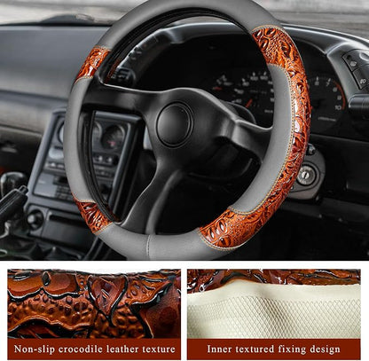 Leather Car Steering Wheel Cover, 15" Crocodile Pattern Anti Slip Car Wheel Wrap with Rose Grain, Four Seasons Universal Auto Steering Wheel Protector for Cars Trucks SUVs (Brown & Gray)
