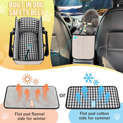 SlowTon Console Dog Car Seat - Portable Dogs Armrest Booster Seat for Small Dog, Anti-Collapse Pet Car Seat with Soft Cushion Safety Belt, Support Pet Up to 11lbs(Beige)