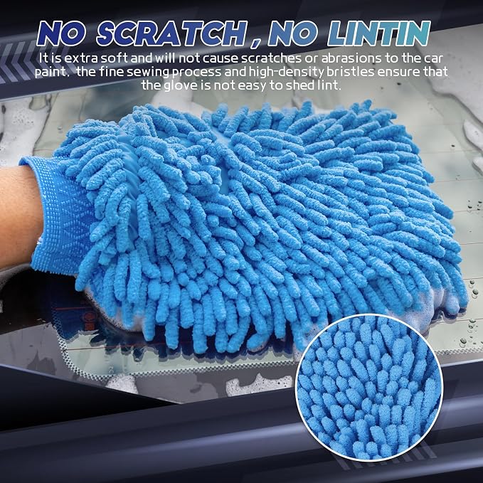 wuyaoyao 2PCS Car Wash Mitt, 10.14"×7.12" Chenille Microfiber Car Wash Mitts, Scratch-Free & Lint-Free, Absorbent Double Sided Clean Glove for Cars Cleaning, Auto Cleaning Supplies (Sky Blue)