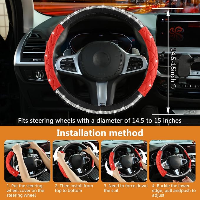 Diamond Steering Wheel Cover ，with Bling Crystal Rhinestone,Delicate and Anti-Slip Sparkly Sedan Steering Wheel Cover ，Adaptable to 14.5-15 inches Car Wheel Protector for Women Girl ，Black & Red